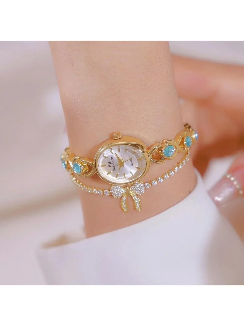 Womens Gold Sky Blue Analog Quartz Waterproof Oval Dainty Vintage Bracelet Watch